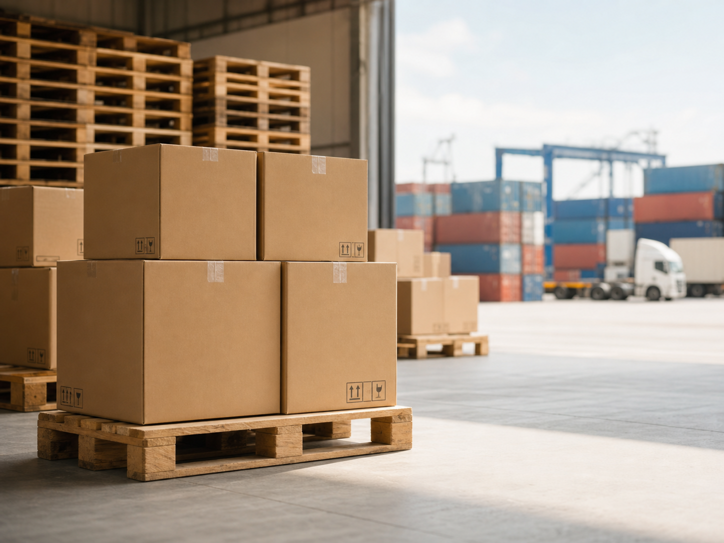Export cartons on pallets near a port loading area